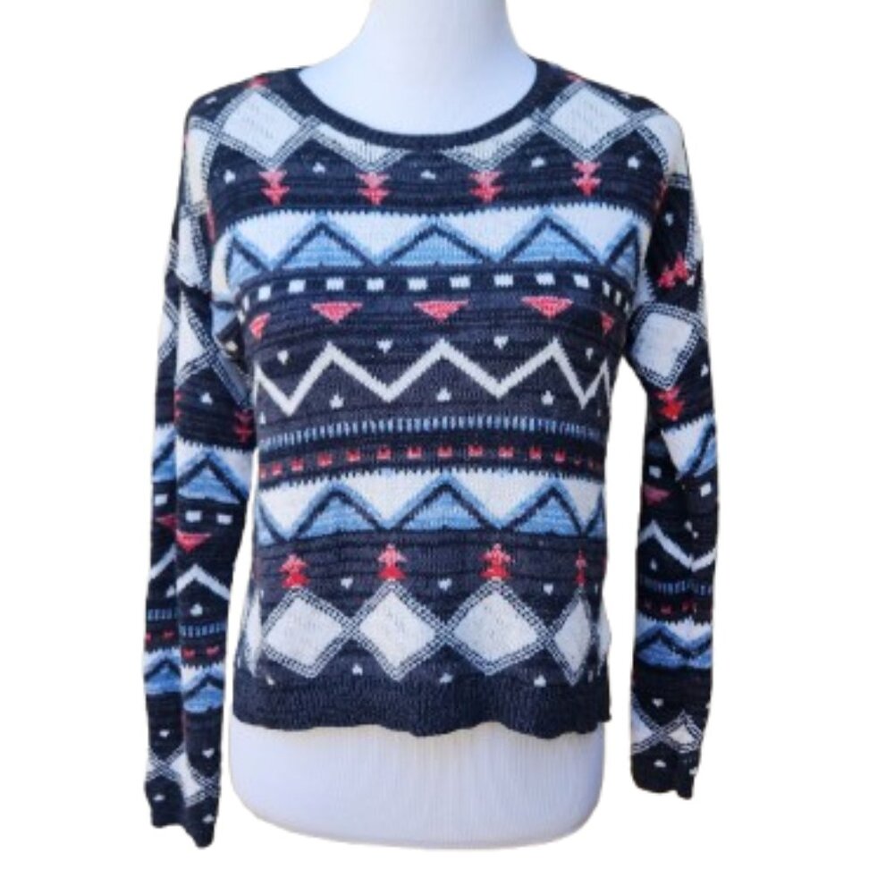 Hollister Geo-Print Sweater Dark Blue Mixed Print Cotton Blend Winter Cabin